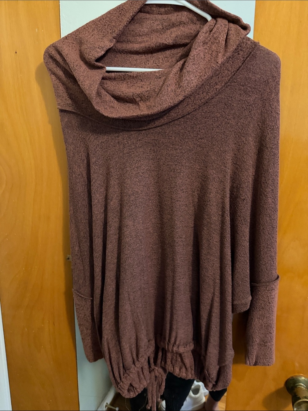 Green Envelope Brown Cowl Neck Drawstring Hem Sweater
